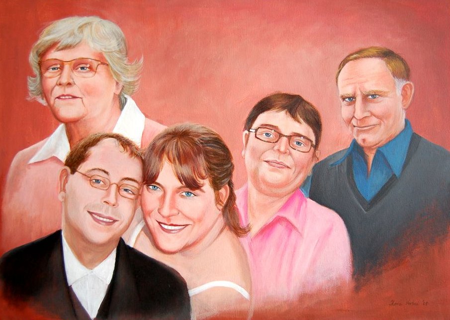 Gemaltes Familienportrait mit fünf Personen vor warmem rotem Hintergrund