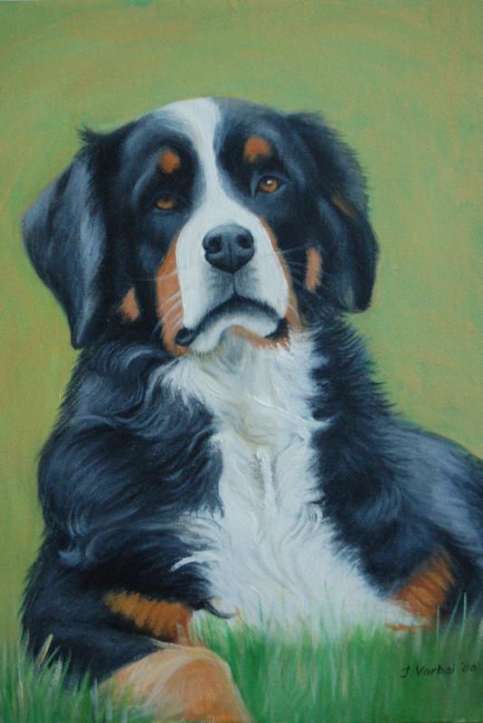 Gemaltes Portrait eines Berner Sennenhundes vor grünem Hintergrund